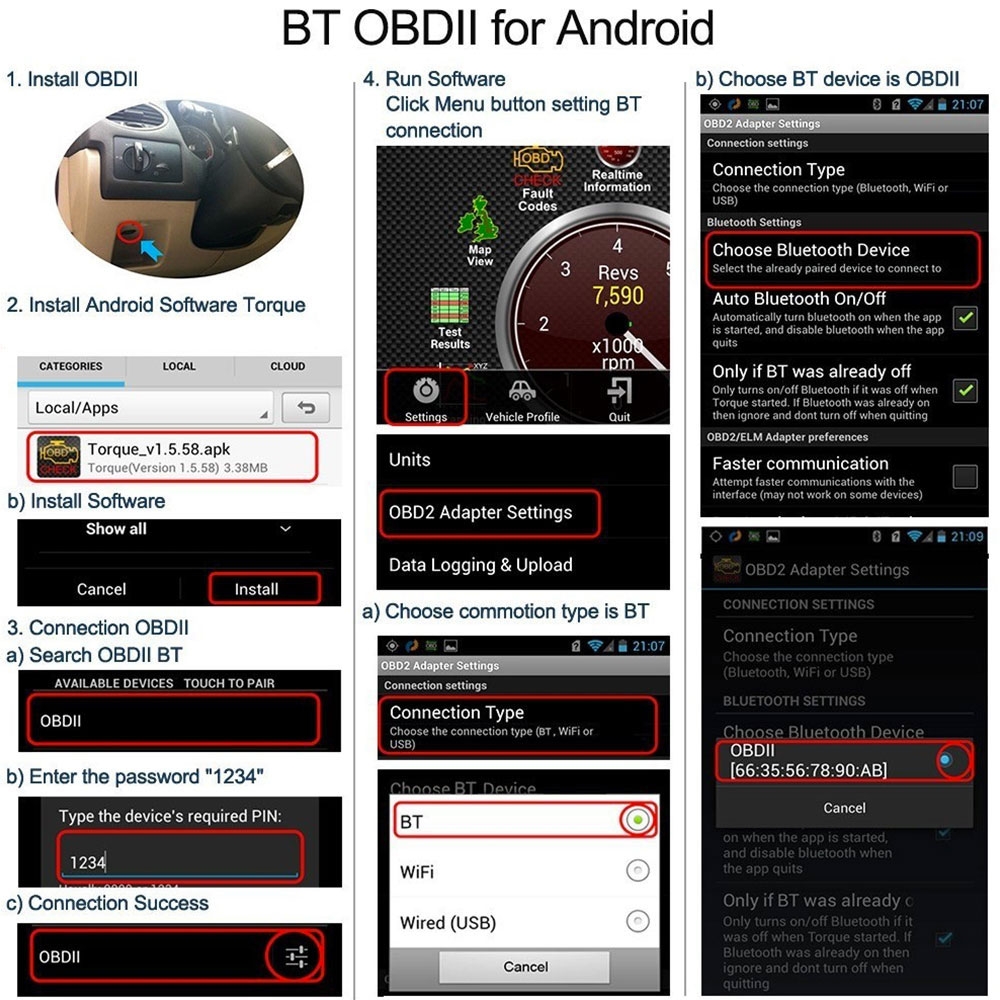 Universal Bluetooth Auto KFZ Diagnose Scanner Motor Fehlercode Auslesegerät für Android (OBDII)