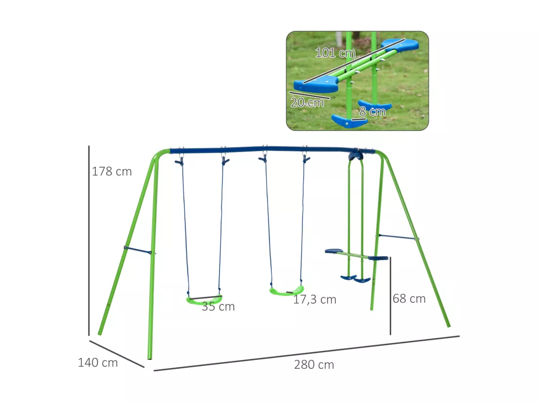 Balançoire 3 agrès portique avec 2 balançoires et face à face dim. 2,8L x 1,4l x 1,78H m métal époxy anticorrosion PE vert bleu