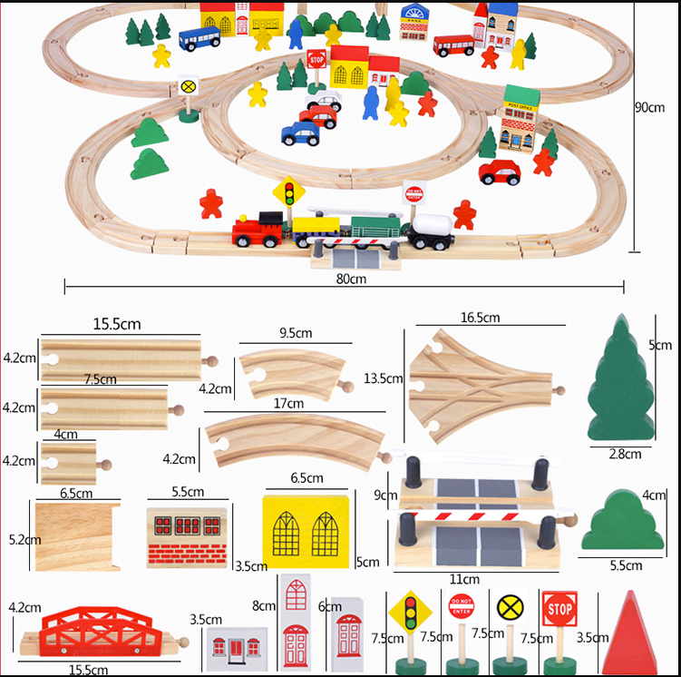 (100-tlg. Set) Kinder Holz Spielzeug Eisenbahn inkl. Schienen / Züge / Zubehör