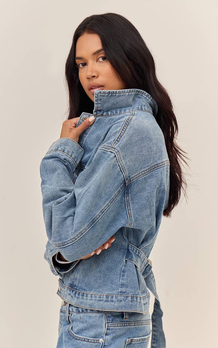 Mid Blue Wash Veste En Jean Plissée Avec Dos Cintré