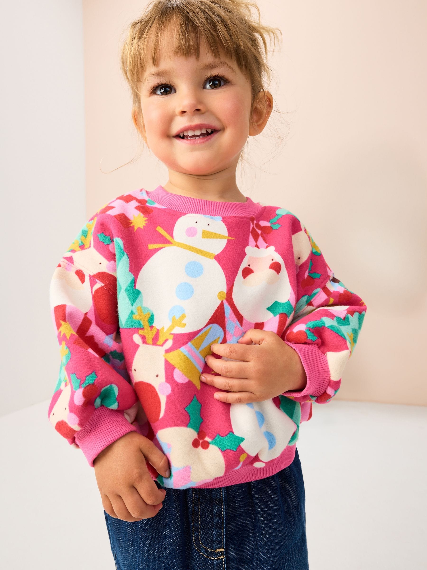 Heldere Roze Kerstmis Print - Sweatshirt met ronde hals (3 mnd-7 jr)