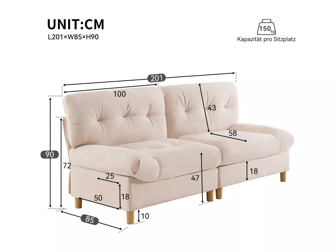 URBAN MEUBLE Canapé velours teddy beige 2 places pieds bois