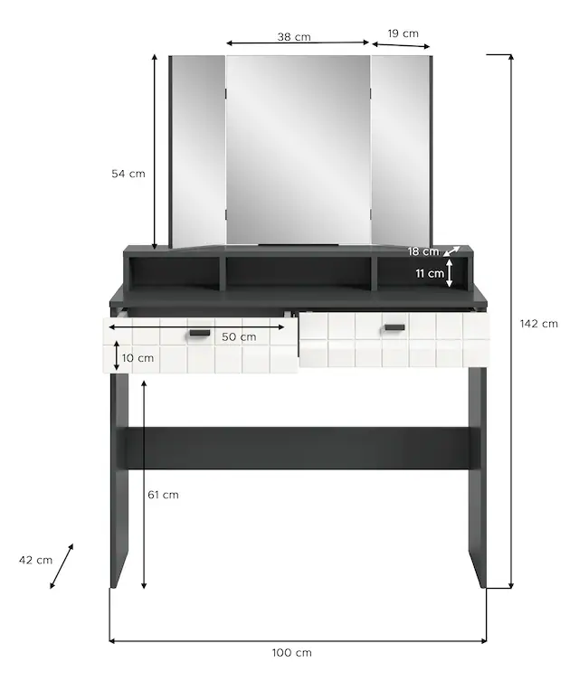 INOSIGN Schminktisch »GORA, Breite 100 cm, 2 Schubkästen, 1feste & 2 faltbare Spiegelflächen« gefräste Front in Waffeloptik hochglanz, Frisiertisch, Spiegeltisch