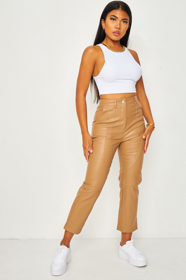 Pantalon en simili cuir beige foncé