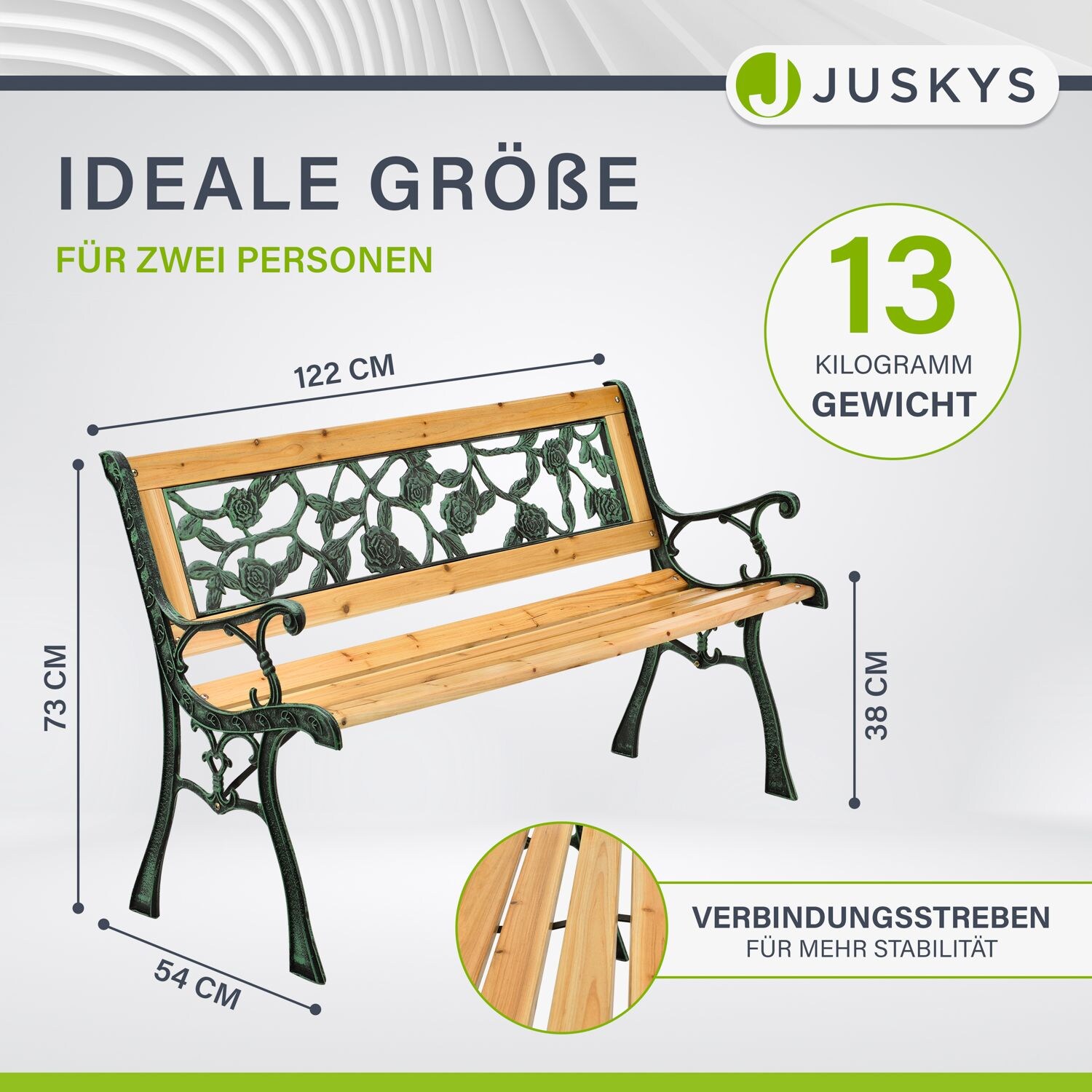 Juskys Gartenbank Venezia – 2-Sitzer Sitzbank mit Armlehnen & Rückenlehne – 122x54x73 cm