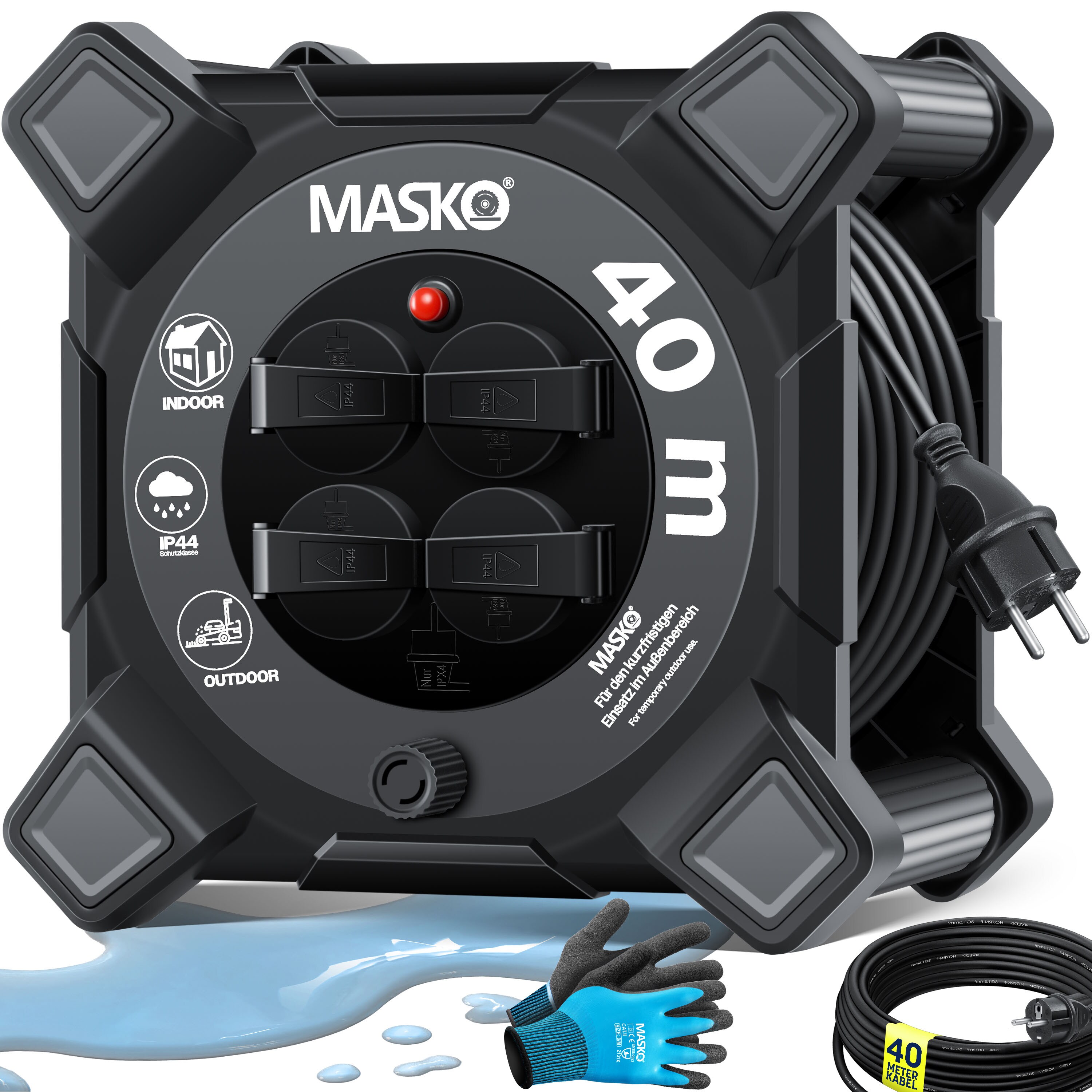 MASKO® Kabeltrommel Verlängerungskabel mit Schutzkontaktsteckdosen & Wickelgriff | Outdoor Kabelaufroller Thermoschutz | Gerätetrommel IP44 1000W ~ 3000W | inkl. Tragegriff und Montagehandschuhe