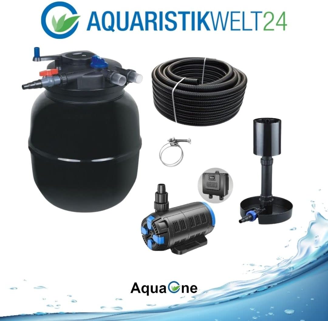 AquaOne Teichfilter Set mit Teichpumpe I Filteranlage CPF-50000 für einen Teich bis 80.000 Liter I Komplettset mit UV Lampe regelbare Eco Pumpe 37-180 Watt Skimmer Teichschlauch Nr.56