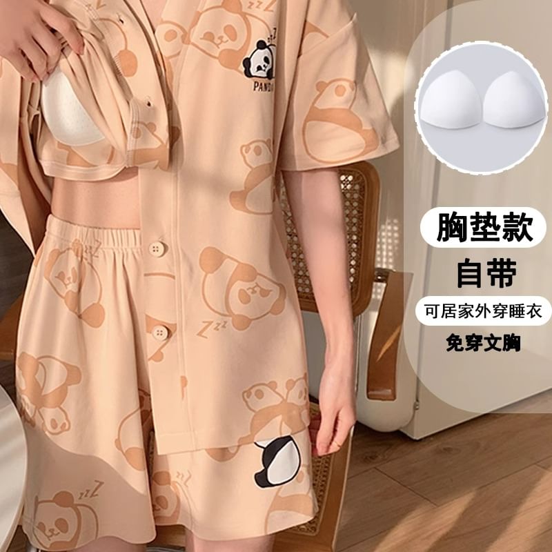 Dazzli - Pyjamaset: Gewatteerd shirt met korte mouwen, V-hals en patroonprint + Shorts met elastische taille