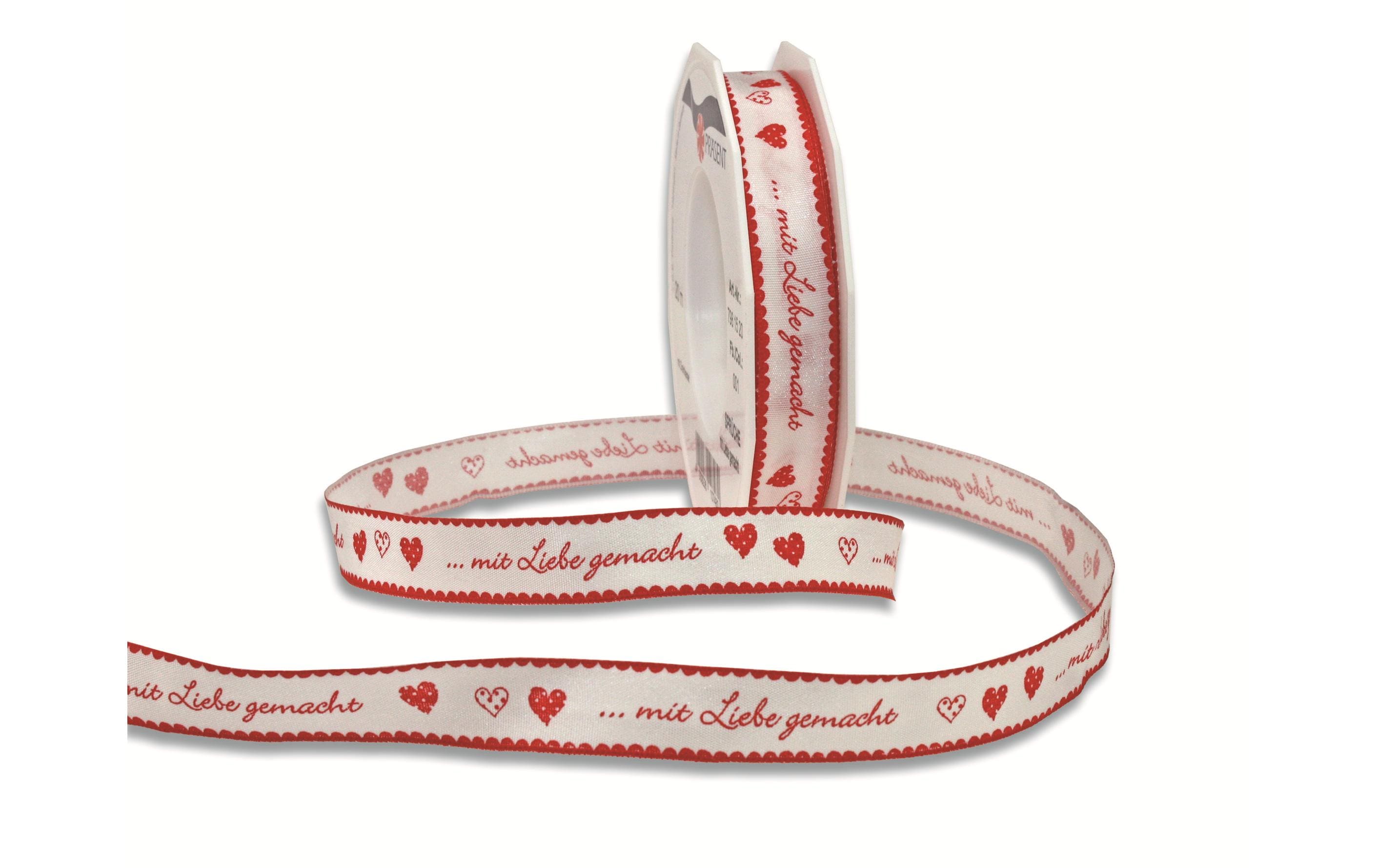 Geschenkband Mit Liebe gemacht 1.5 cm x 20 m, Rot/WeissStoffband zum Verpacken von Geschenken