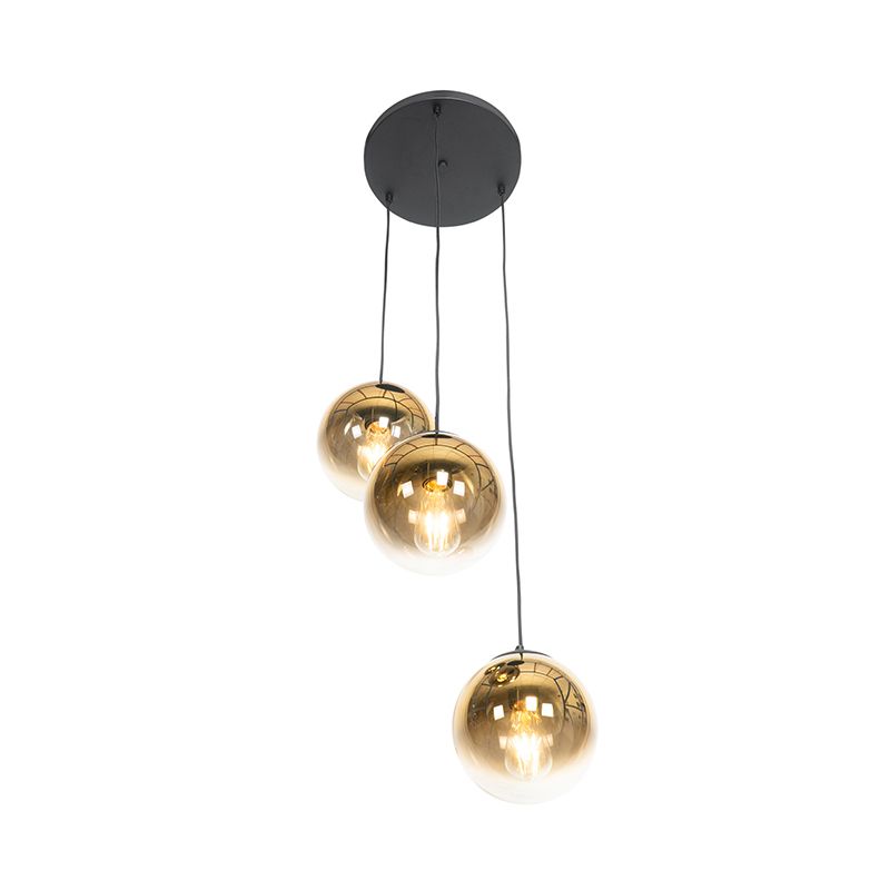 Art deco hanglamp zwart met goud glas rond 3-lichts - pallon