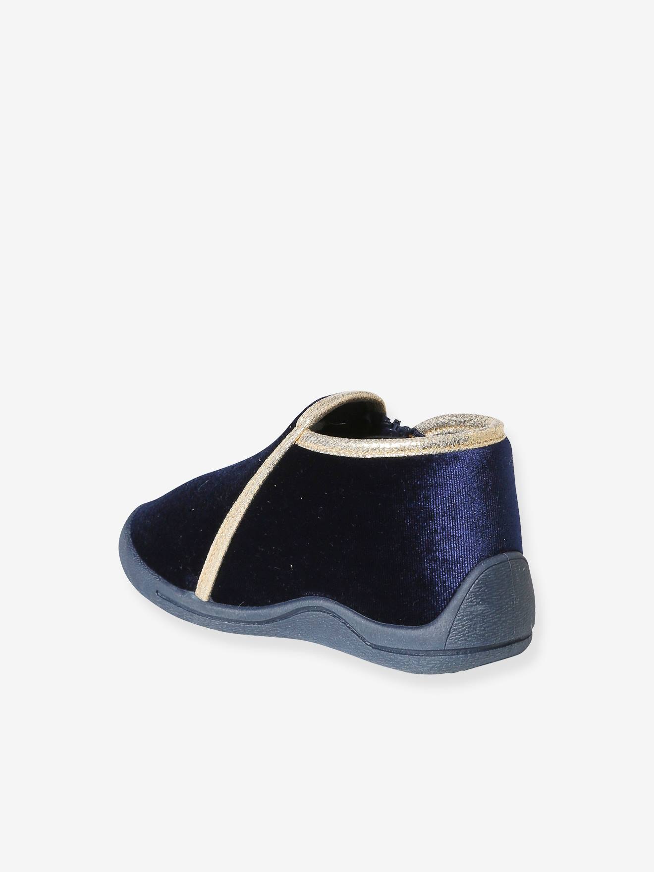 Pantufas de veludo azul para bebê com zíper