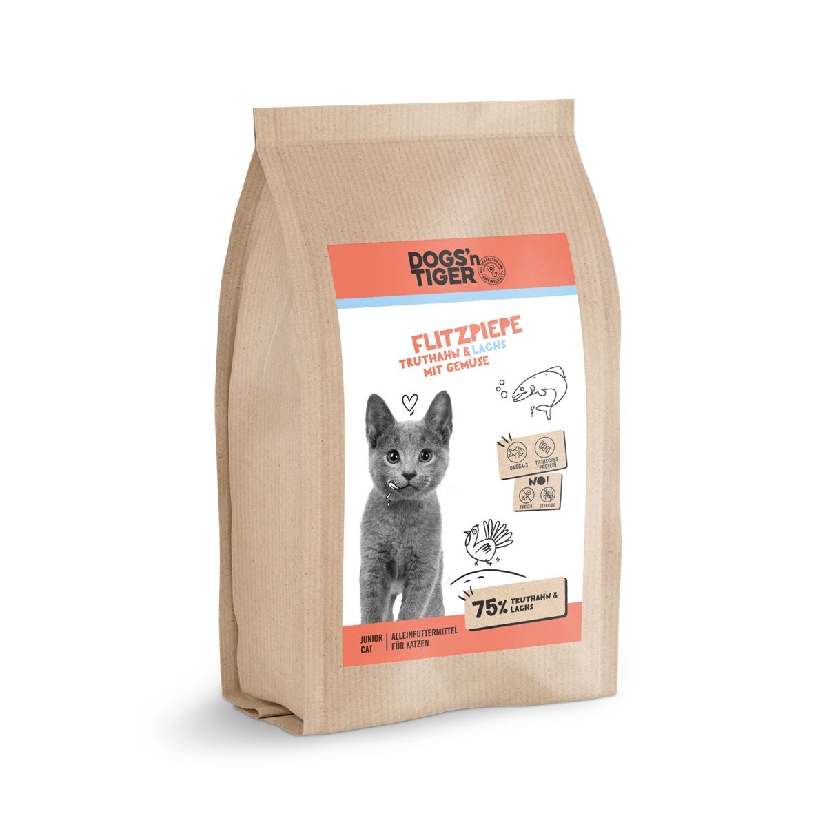 Dogs’n Tiger Junior Premium Katzenfutter, Flitzpiepe, Kitten Trockenfutter, Lachs & Truthahn