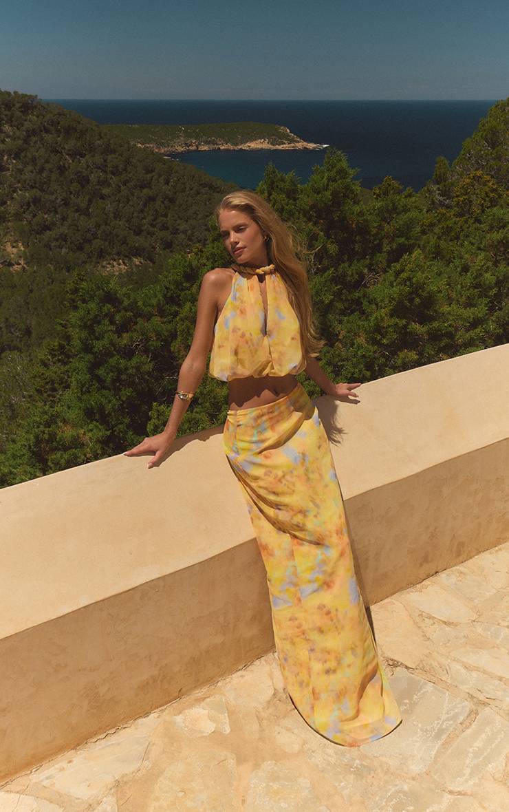 Pale Yellow Jupe Longue Co-ord En Mousseline Imprimée Tie-dye