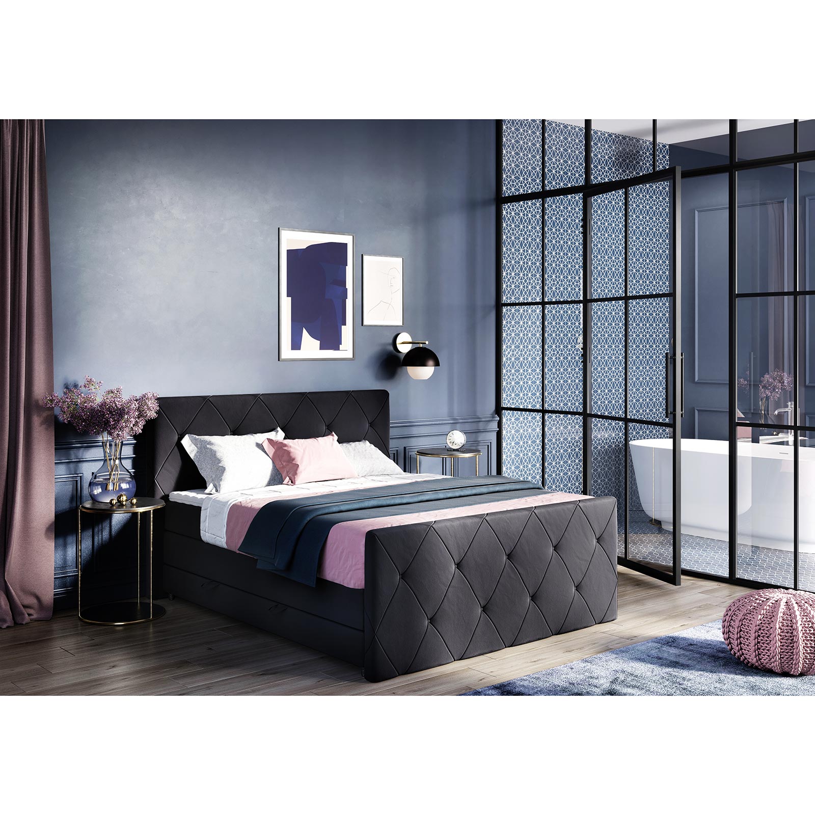 Boxspringbett - grau - H3 - mit Bettkasten - 140x200 cm