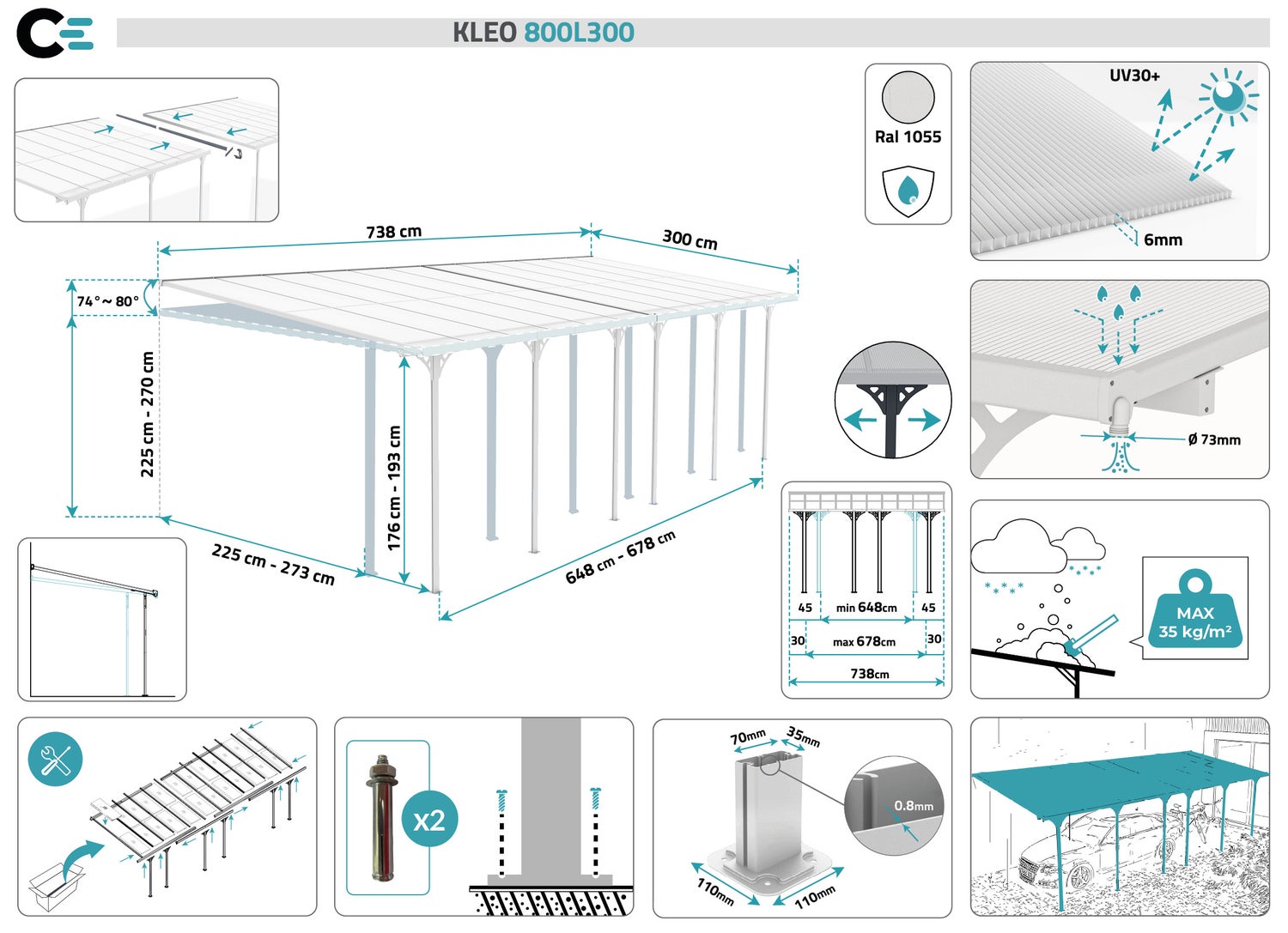 Aangebouwde pergola/carport 24m² KLEO 800L300 aluminium wit