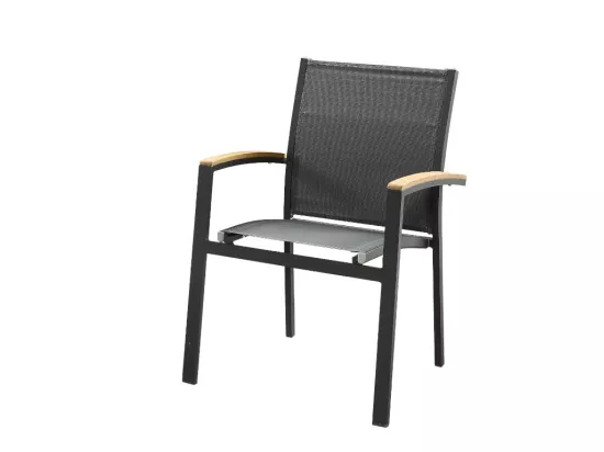 Lot de 2 fauteuils de jardin empilables en aluminium et textilène - Anthracite et accoudoirs acacia - TAIPIVAI de MYLIA