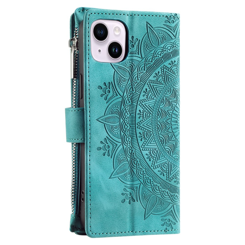iPhone 15 Leder Tasche Flip Cover mit Reissverschluss - Mandala Flowers Imprint - Türkis