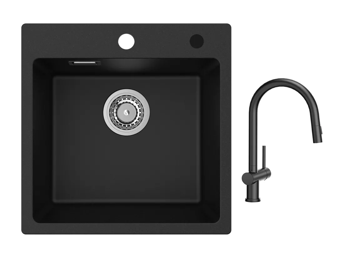 Cecipa max 45x45cm Evier Quartz Noir Evier 1 Bac en Quartz et Résine + Mitigeur de Cuisine avec Douchette Extractible avec 2 Types de Jet Noir