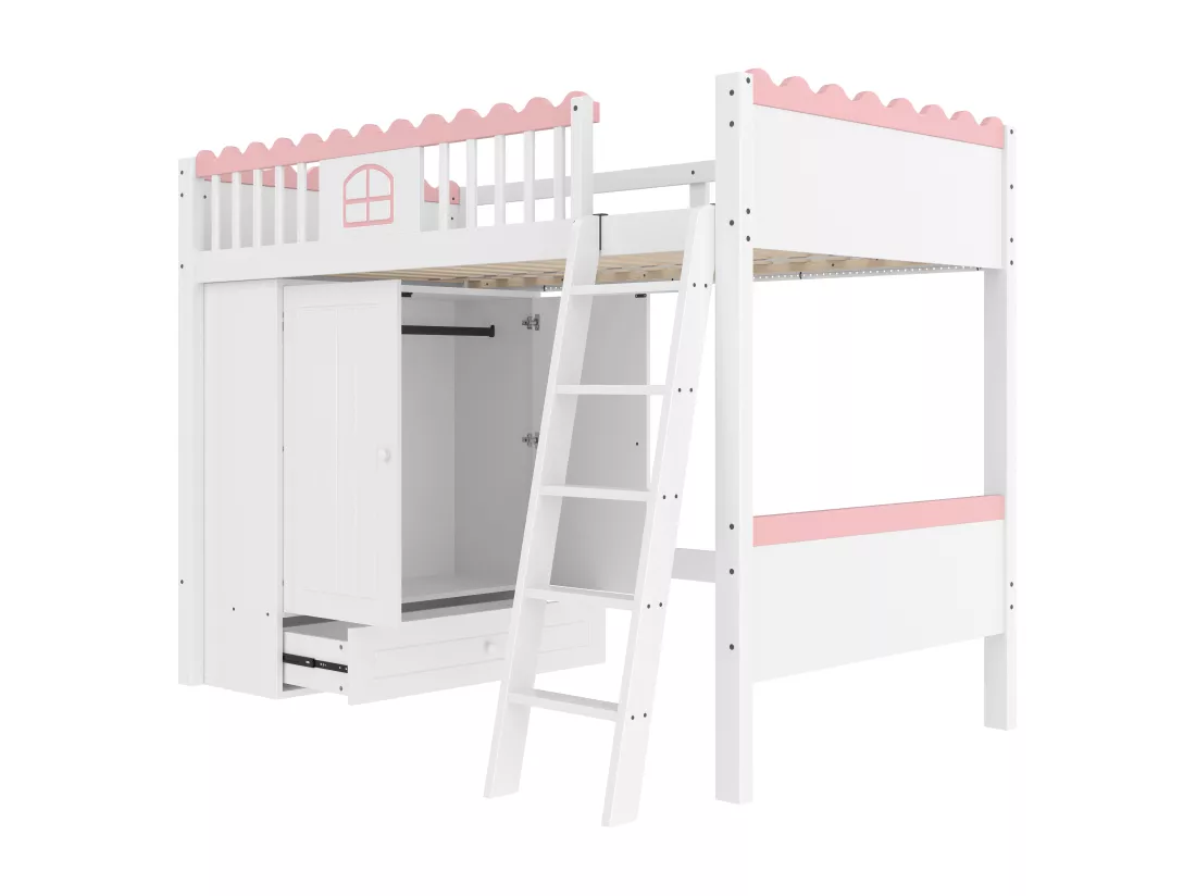 Lit mezzanine simple 90 x 200 cm - Lit enfant - Avec éclairage LED - Avec penderie - Avec tiroir de rangement - Blanc (sans matelas)