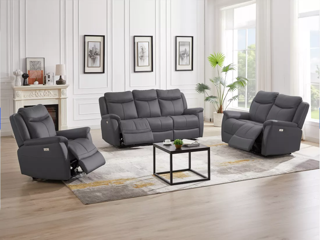 Canapé 3 places et fauteuil relax électrique en cuir de vachette gris anthracite NOMAJO