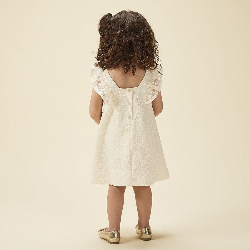 Robe de cérémonie en jacquard à manches brodées pour bébé fille - Ecru
