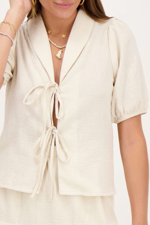 Beige linnen look top met strikjes