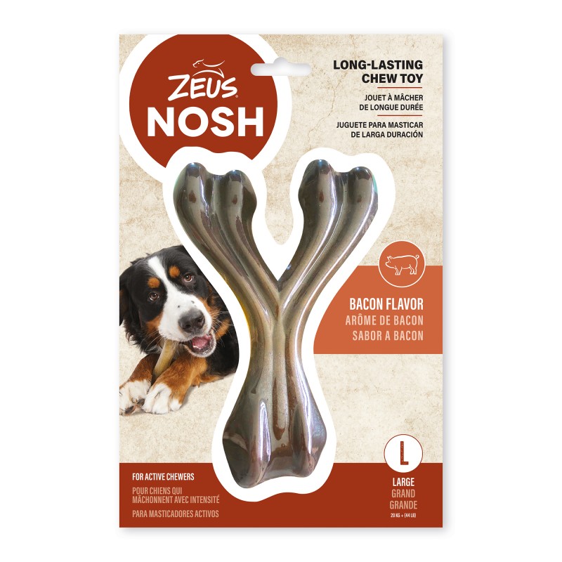 Brinquedo para mastigar Zeus Nosh Strong em formato de osso da sorte, sabor bacon, 11 cm