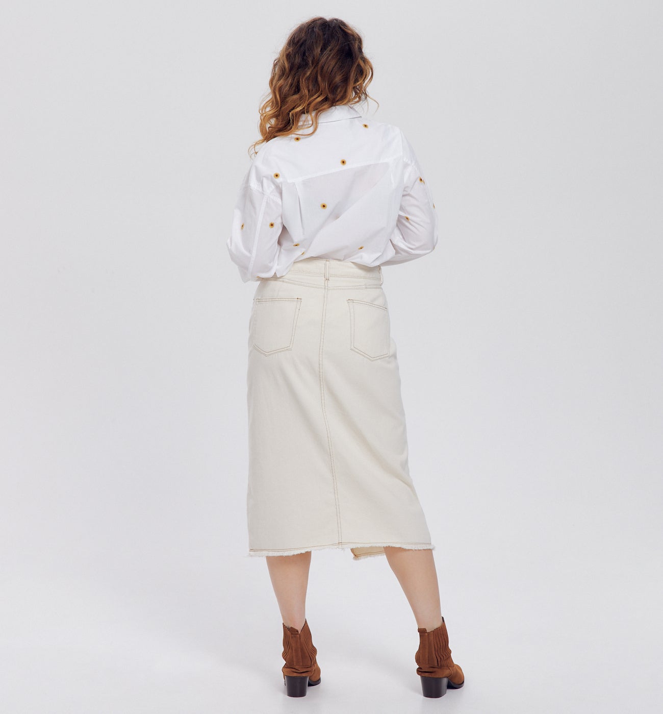 Jupe midi fendue en toile - Ecru