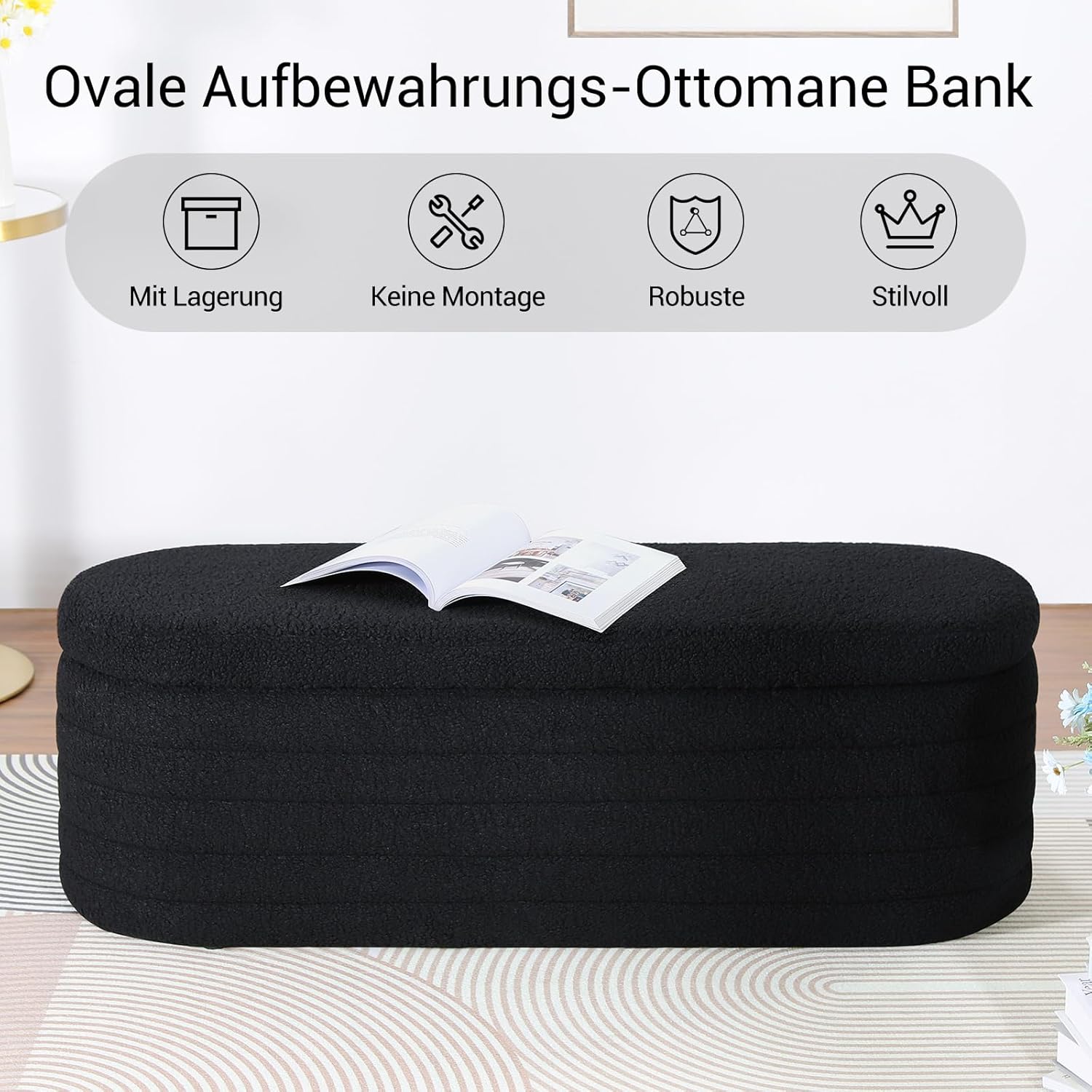 Sitzhocker mit Stauraum, Teddystoff Bank mit Stauraum，Moderner Sitzbank Schlafzimmer, Polsterbank für Wohnzimmer, Flur (Schwarz 117x41,5x40 cm)