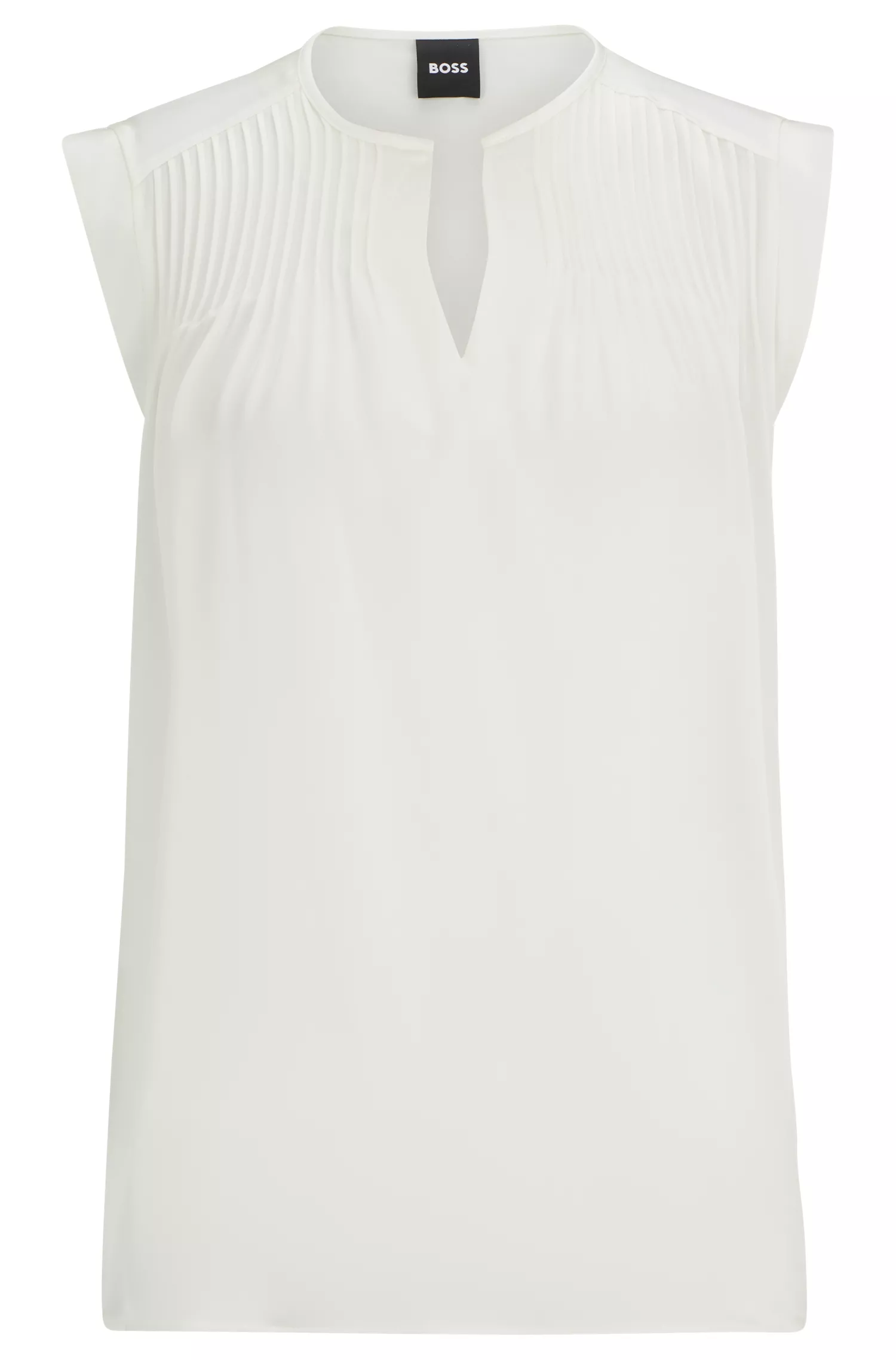 Blusa BOSS preta de corte relaxado em seda elástica.