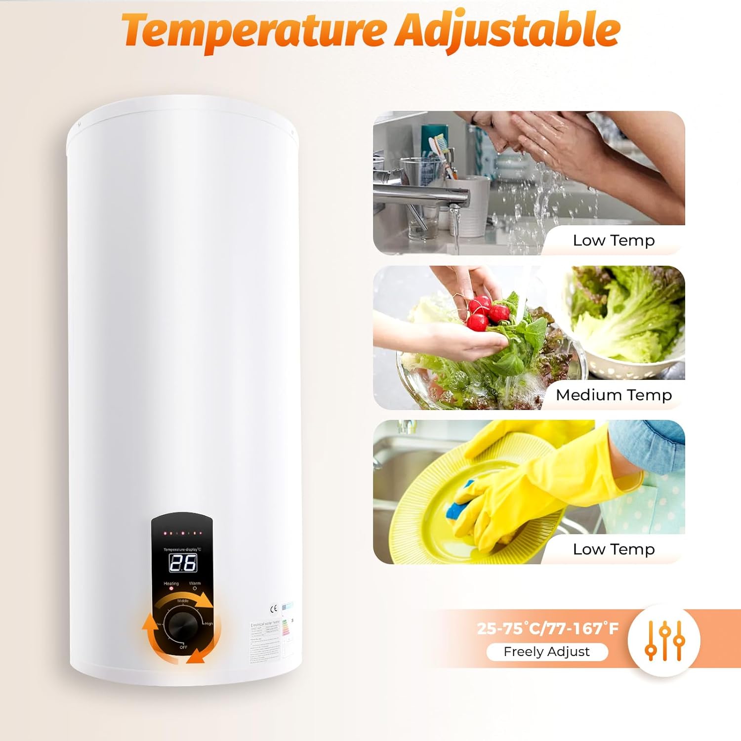 Warmwasserspeicher Boiler 50L/80L/100L/120L, Energiesparend 2000W Vertikaler Wandmontierter warmwasserboiler mit LED-Temperaturanzeigee für Badezimmer, Friseursalons Smart Boiler (100L)