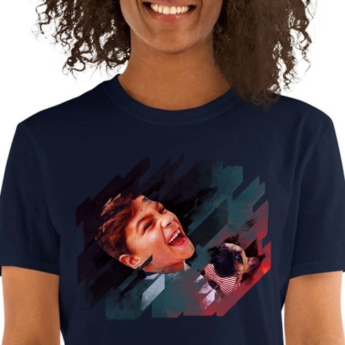 Camiseta eletrônica feminina Mascochula personalizada com a foto do seu animal de estimação, azul marinho.