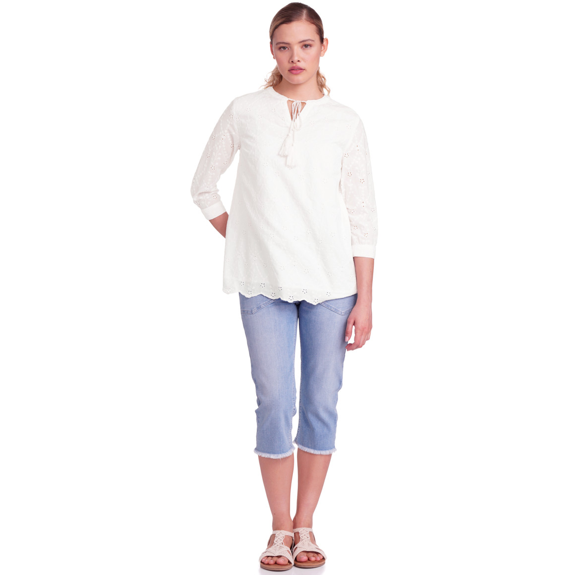 Gina Damen Bluse mit Lochstickerei weiss