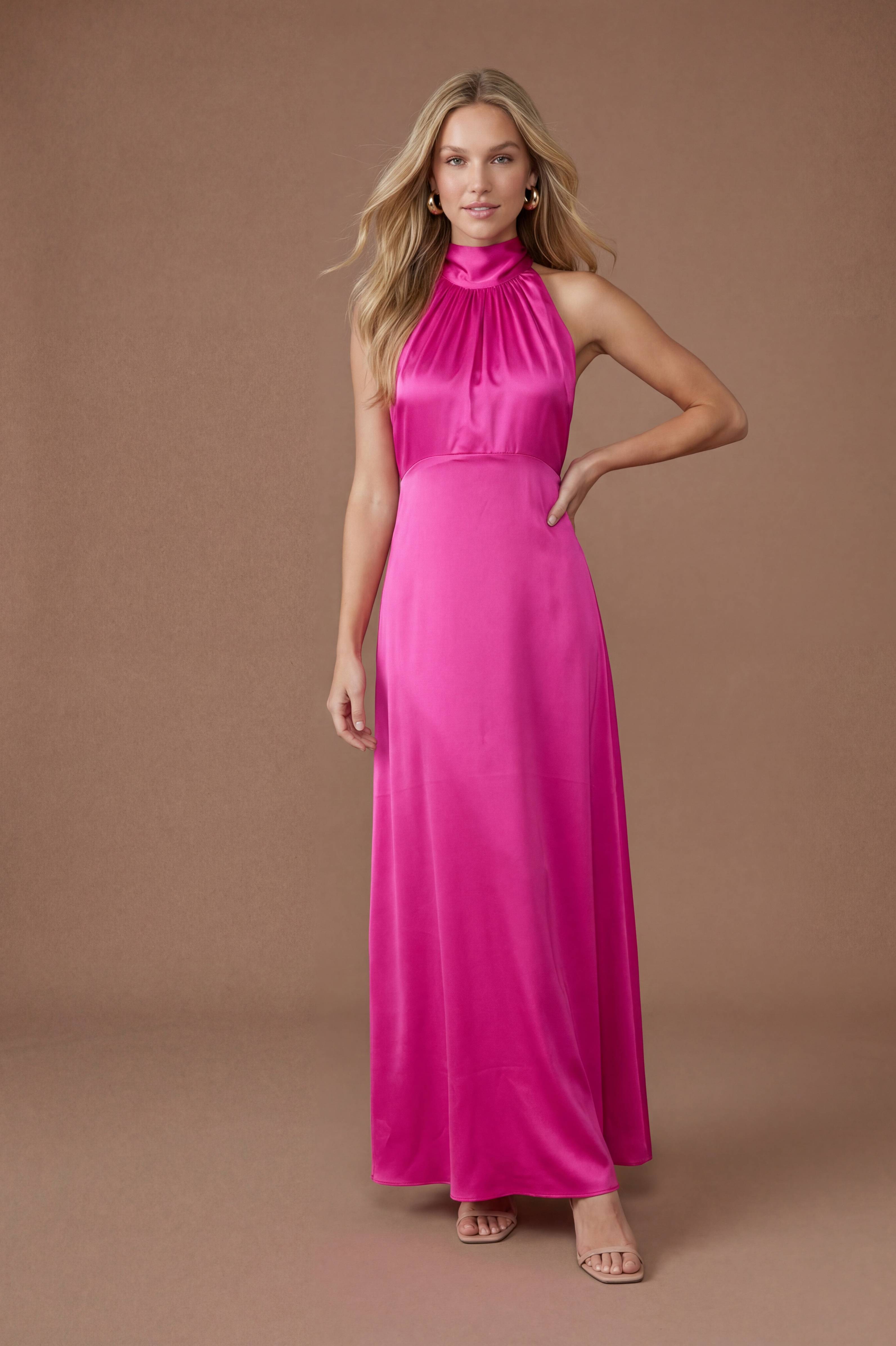 Oasis Robe Longue De Demoiselle D'honneur Rose Vif En Satin Avec Col Licou