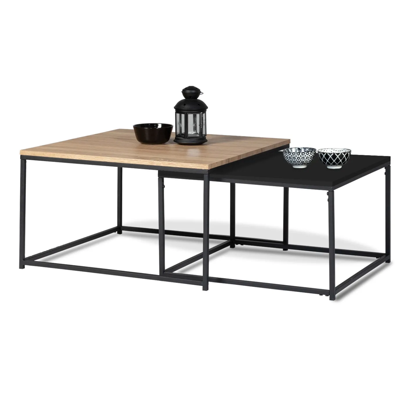 Lot de 2 tables basses gigognes BOSTON 60/70 métal noir et bois design industriel