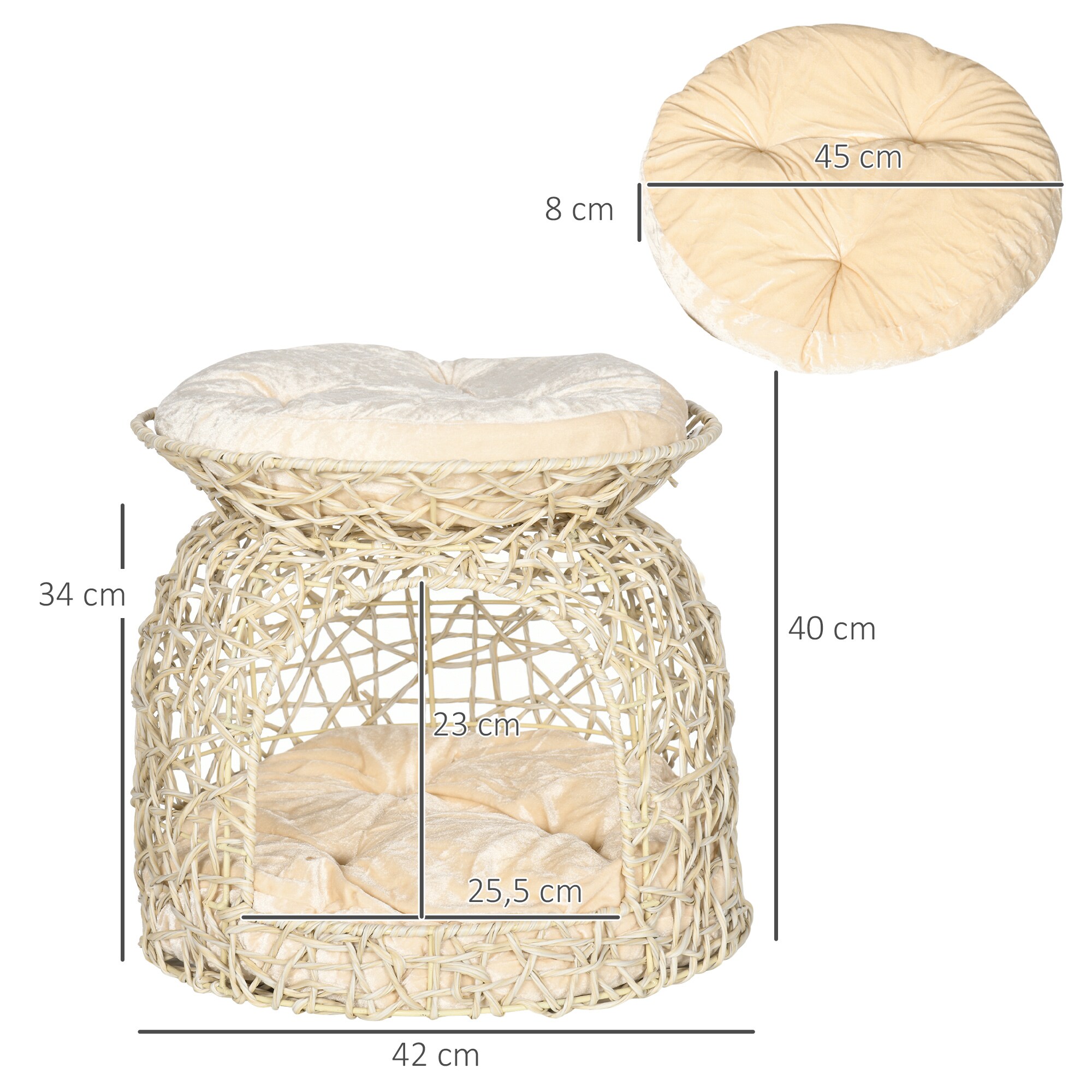 PawHut Rattan Katzenkorb mit Kissen beige 42L x 42B x 40H cm
