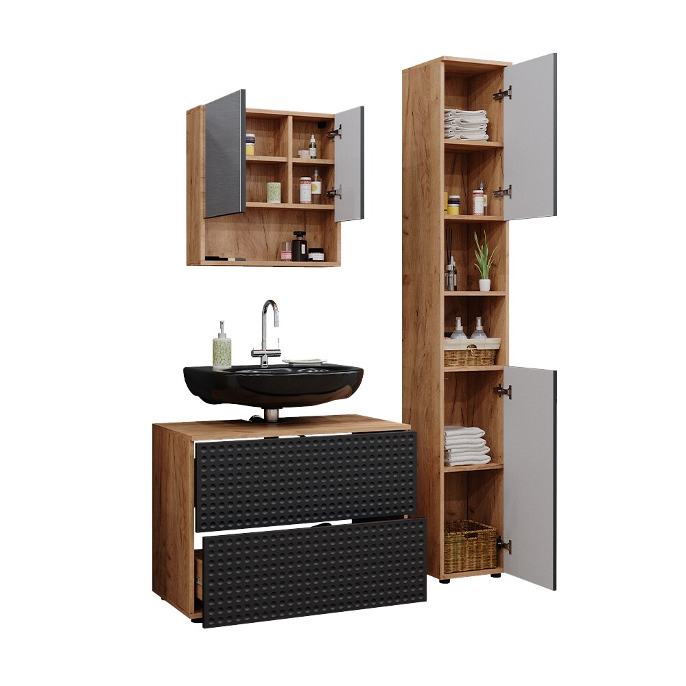 Vicco Badmöbel-Set Irma Eiche Anthrazit 3-teilig Hochschrank Waschbeckenschrank 80 cm