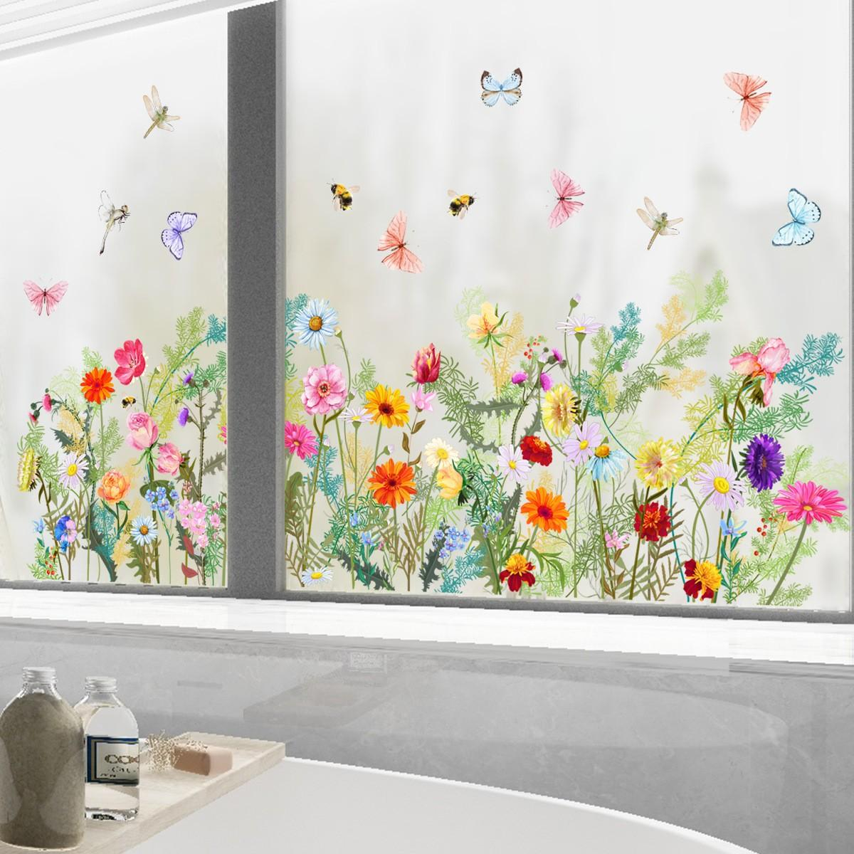 (14er Set) Frühling Fenster Folien Aufkleber Home Deko Fenster Sticker - Schmetterlinge / Blumen