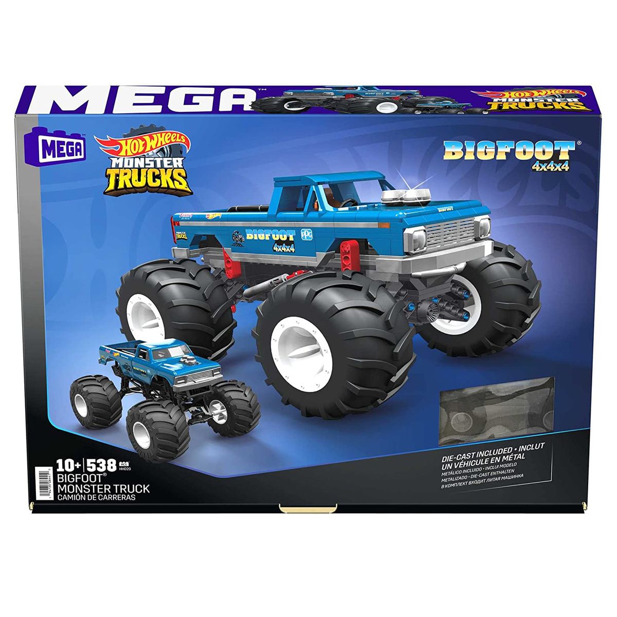 Mattel HHD20 - Mega - Hot Wheels - Monster Trucks - Bigfoot 4x4x4, Bausatz + Die-Cast Monster Truck, 538-tlg.