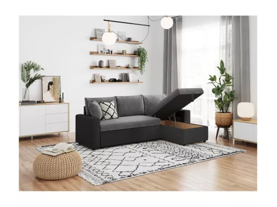 Canapé d'angle 4 places Convertible et Réversible Maria en simili et microfibre - Gris/Noir - L227 x P146 x H81cm - Loungitude