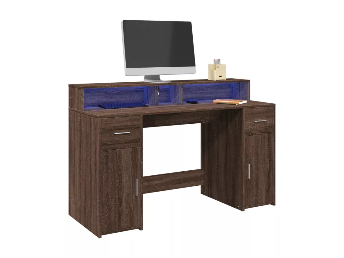 Bureau et lumières LED chêne marron bois d'ingénierie