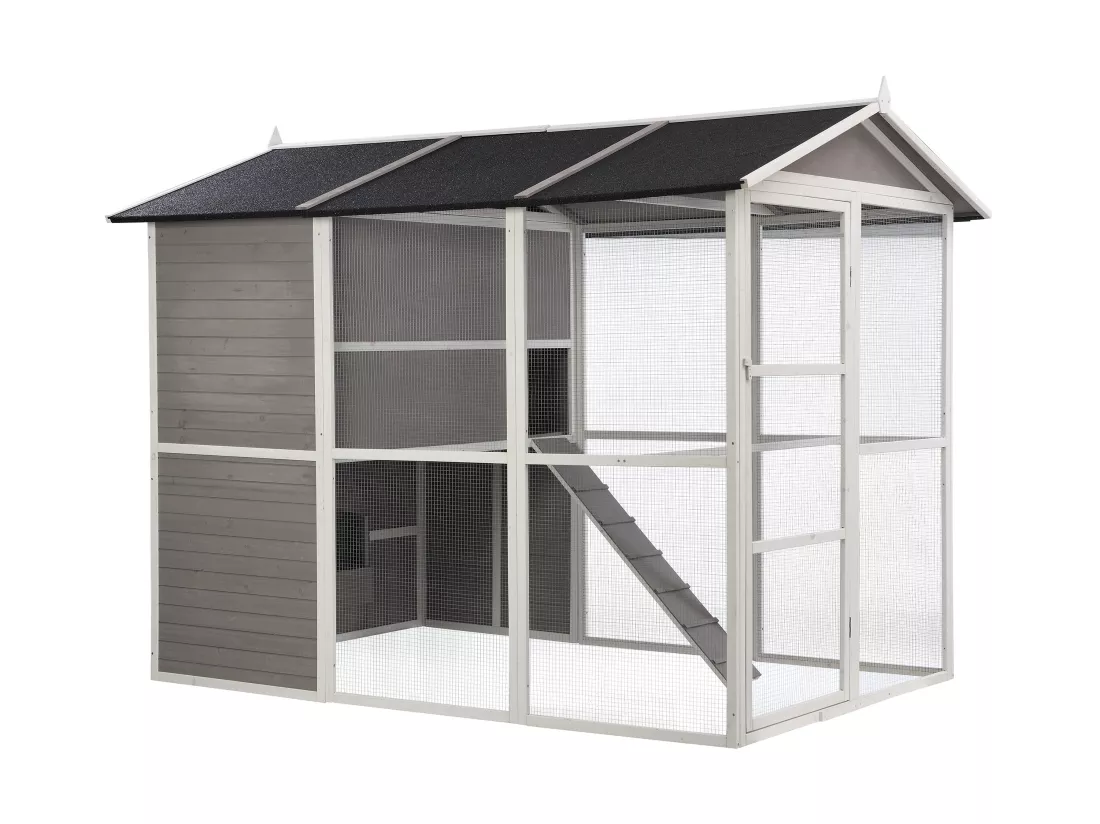 Poulailler en bois avec enclos - 10 poules - L. 266 x P. 174 x H. 205 cm - Blanc et gris - FERAS