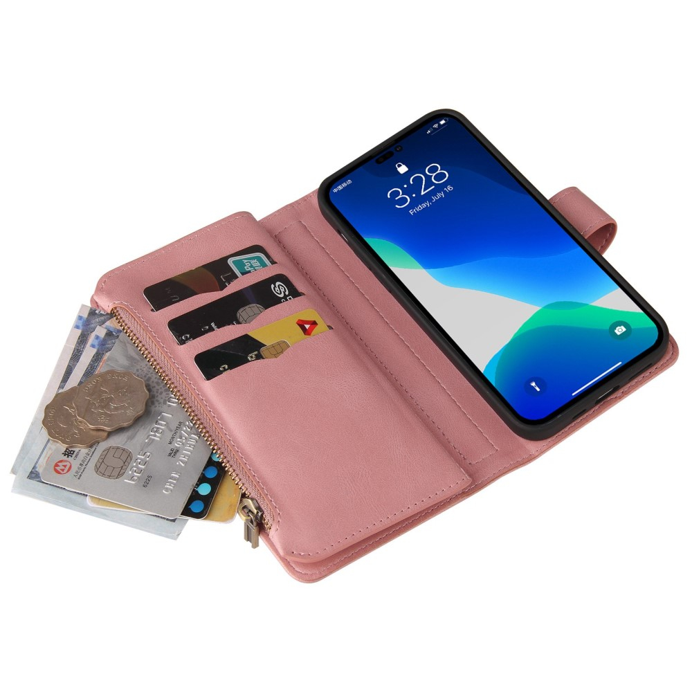 iPhone 14 Pro Max Leder Wallet Etui Tasche mit 13 Kartenfächern   Münzfach - Rosa
