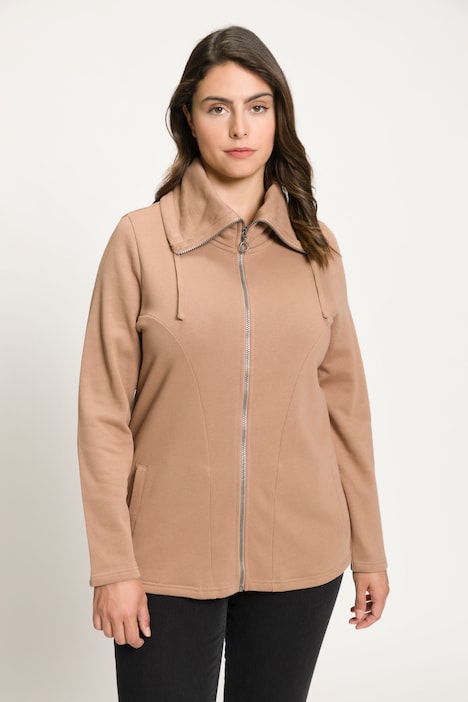 Sweatjacke, drapierter Stehkragen, Kunstleder-Details