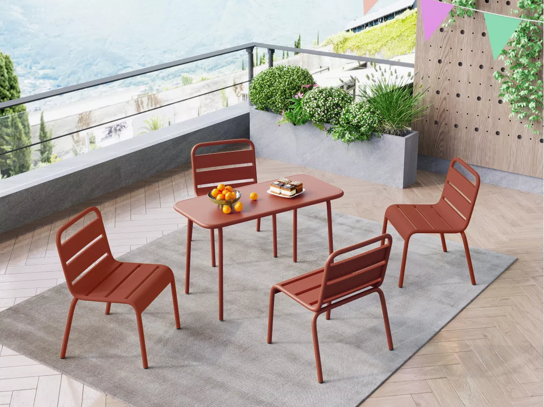 Salle à manger de jardin pour enfants en métal - une table et 4 chaises empilables - Terracotta - POPAYAN de MYLIA