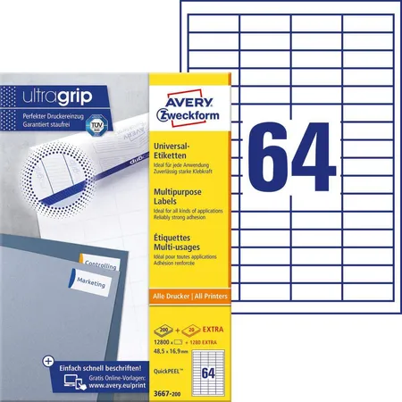 Avery Zweckform 3667-200 Universal-Etiketten,A4 mit ultragrip,48,5 x 16,9 mm, 220 Bogen/14.080 Etiketten, weiß