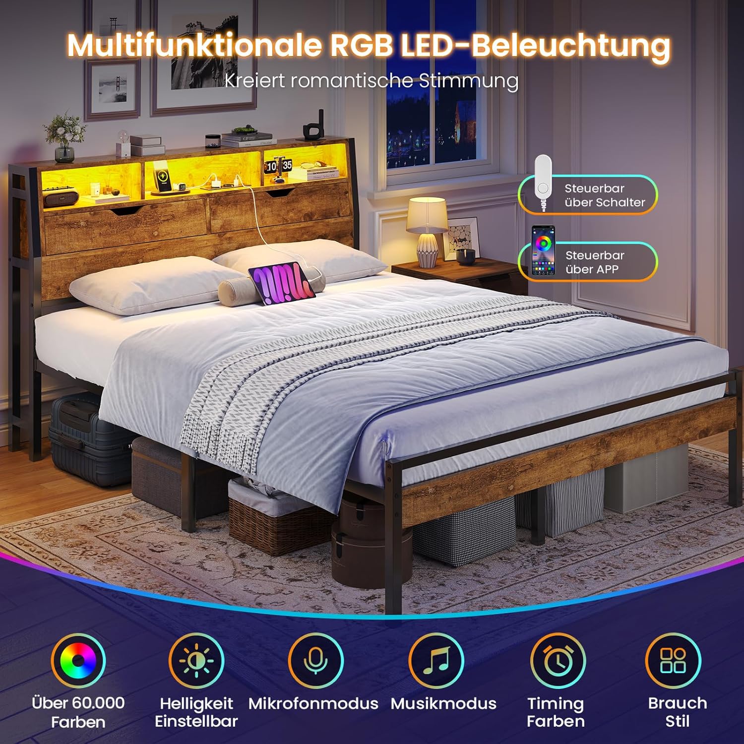 Bett 120x200 mit Lattenrost aus Metall Bettrahmen mit LED Beleuchtung und Steckdose, Bettgestell 120x200 cm mit Holzkopfteil, 2 Schränke mit Türen, Jugendbett mit Stauraum, Modern, Braun