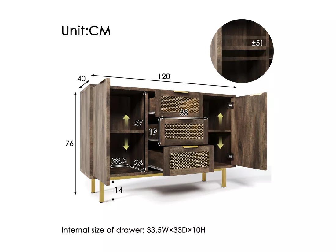 Commode avec 3 tiroirs et 2 portes, 120 x 40 x 76 cm, Panneaux de particules + métal, Marron foncé