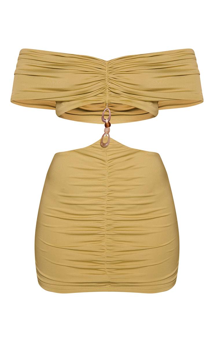Vert Olive Robe Mini Bardot À Détails Perlés Et Découpes En Tissu Doux