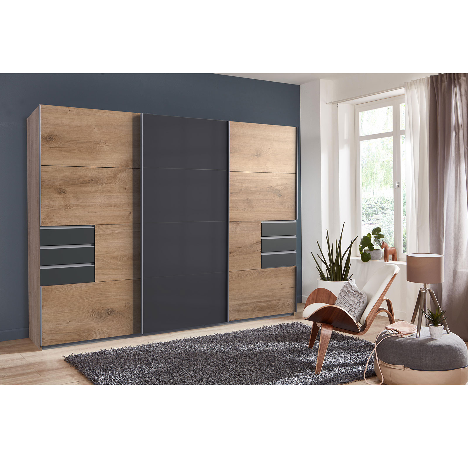 Schwebetürenschrank - Plankeneiche - graphit - 6 Schubkästen - 270 cm